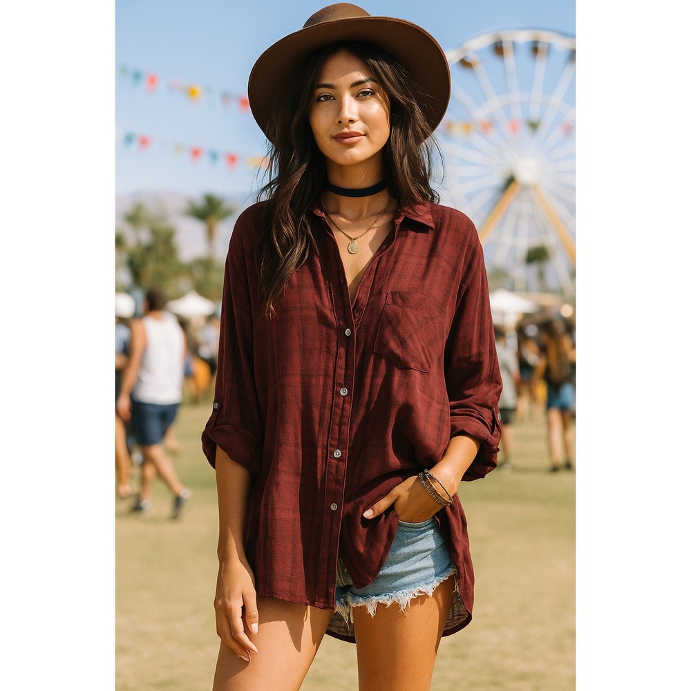 Fidelity Denim Burgundy Plaid Button Down Shirt Long‎ Sleeve Casual Top